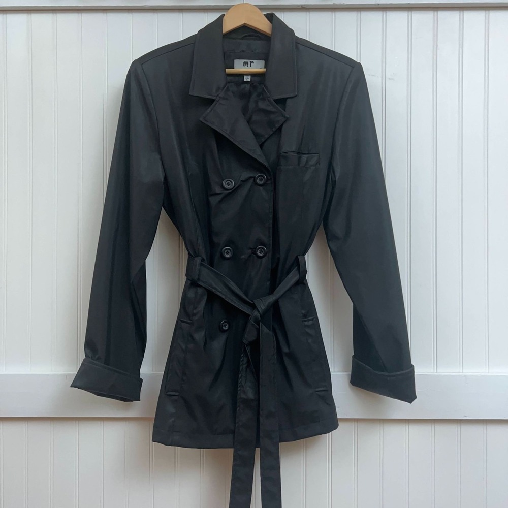 Marcelle Renee Black Double Breasted Trench Coat Belt Classic Style Rain Jacket